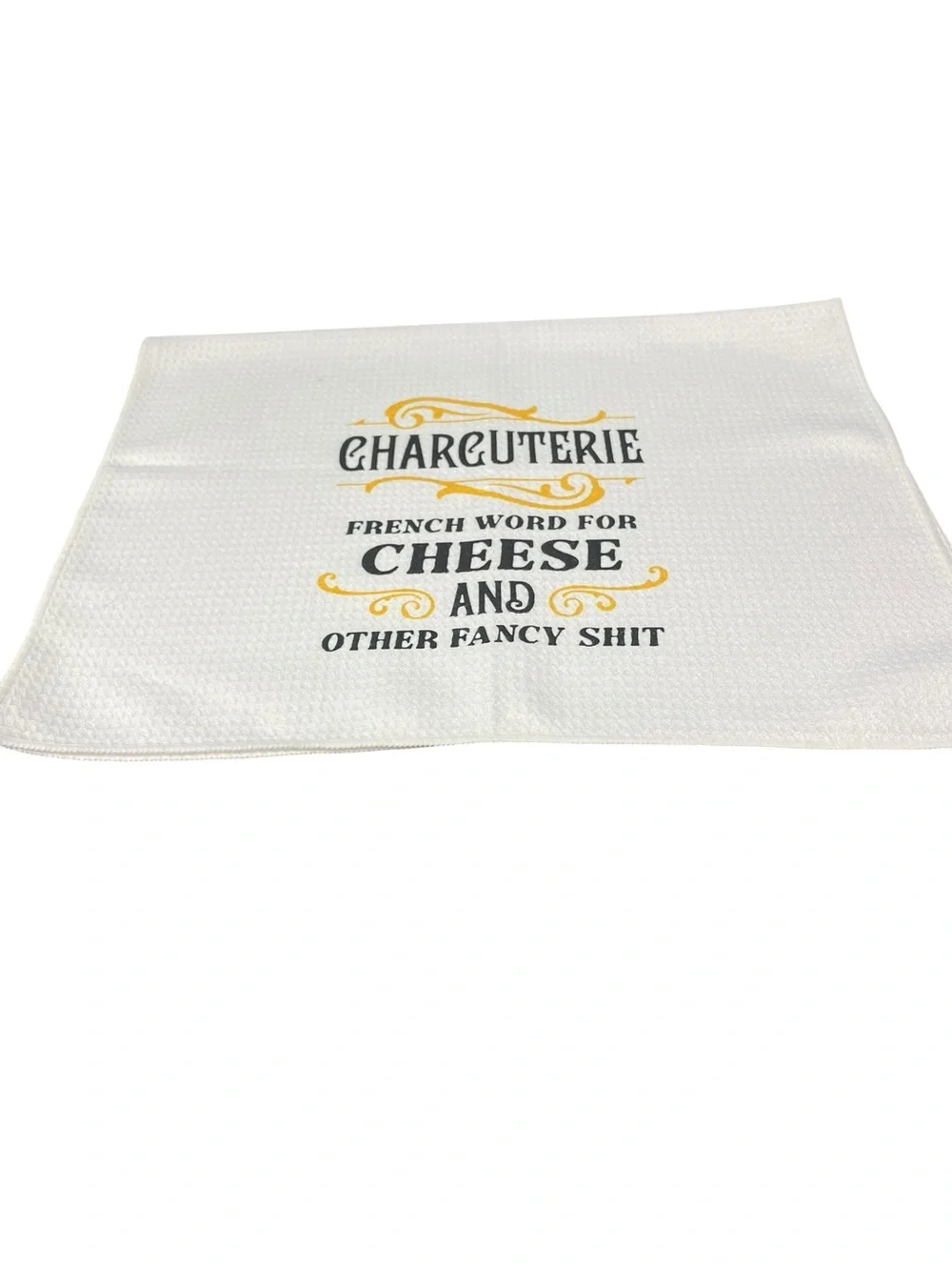 Charcuterie Kitchen Towel in White with Yellow & Black Print